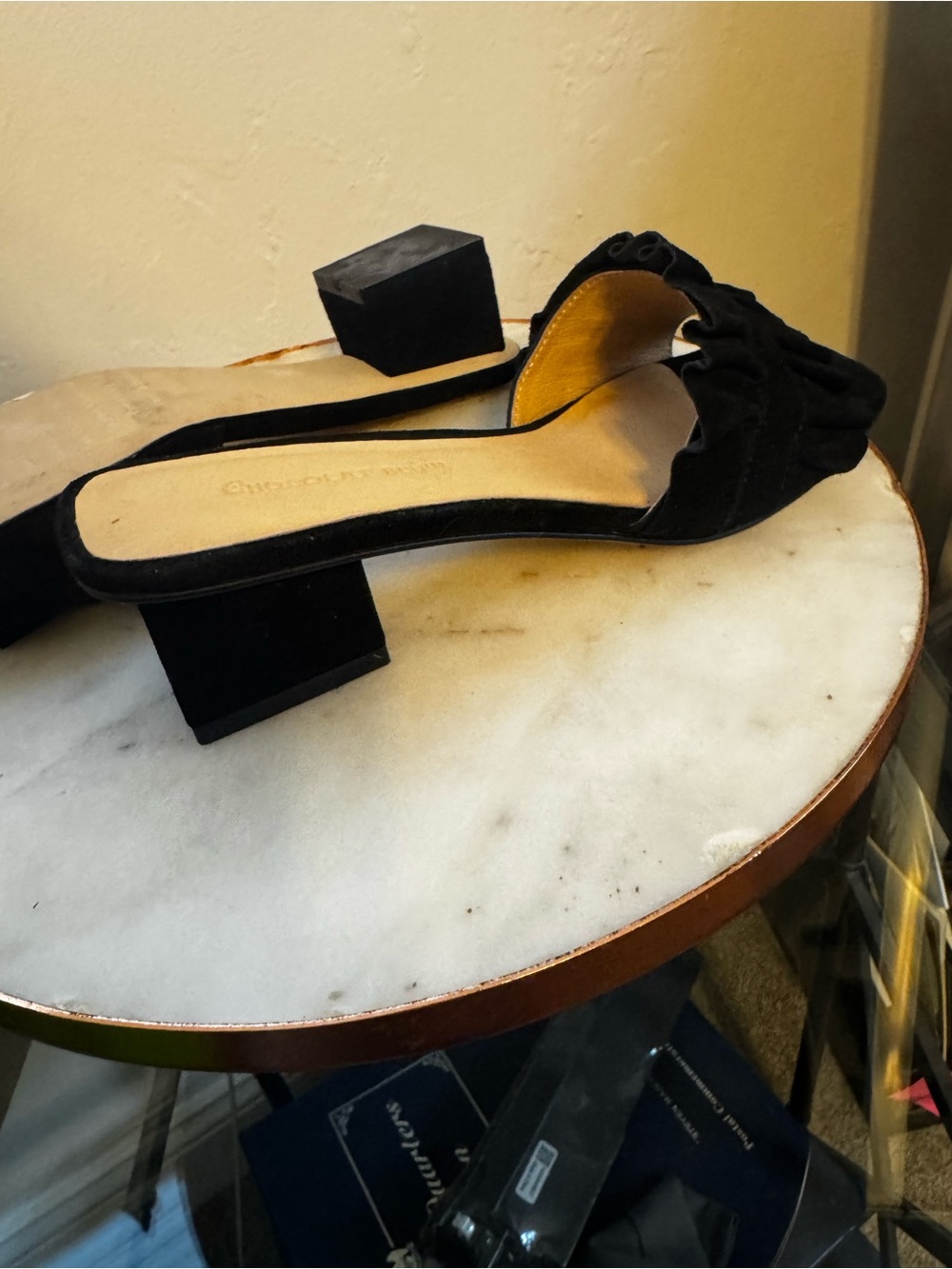 Chocolat Blu Black Ruched Open-Toe Block Heel Slide